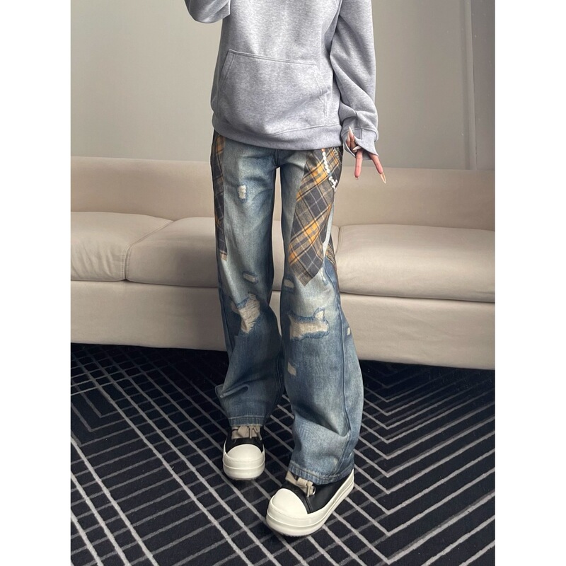 Couple Style Daily Digital Plaid Shirt Printed Ripped Jeans for Men and Women Vibe Style Wide-Leg Straight Pants