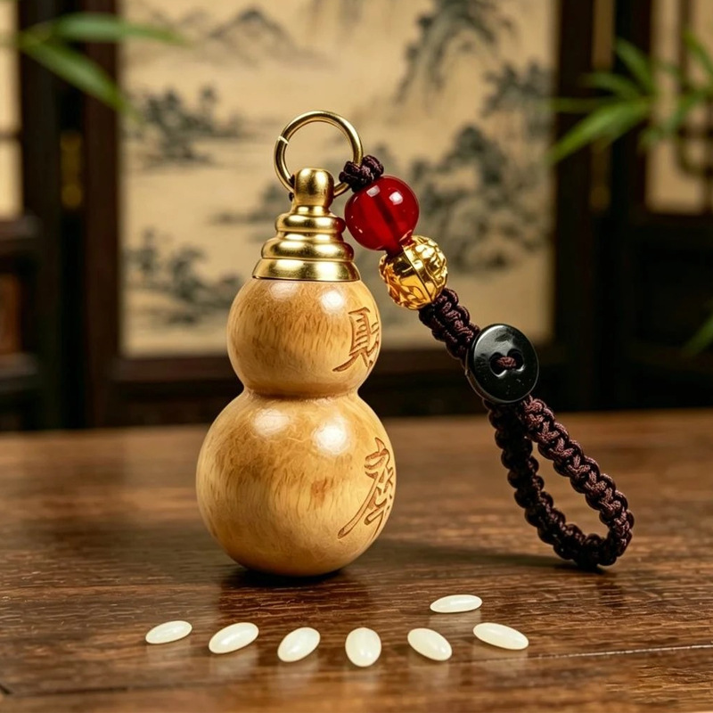 Natural Peach Wood Gourd Keychain with Seven Rice Beads Decorative Pendant for Middle-Aged Men and Women, Portable Bag Accessory, Wholesale Natural Peach Wood Gourd Keychain with Seven Rice Beads Decorative Pendant for Middle-Aged Men and Women, Portable Bag Accessory, Wholesale