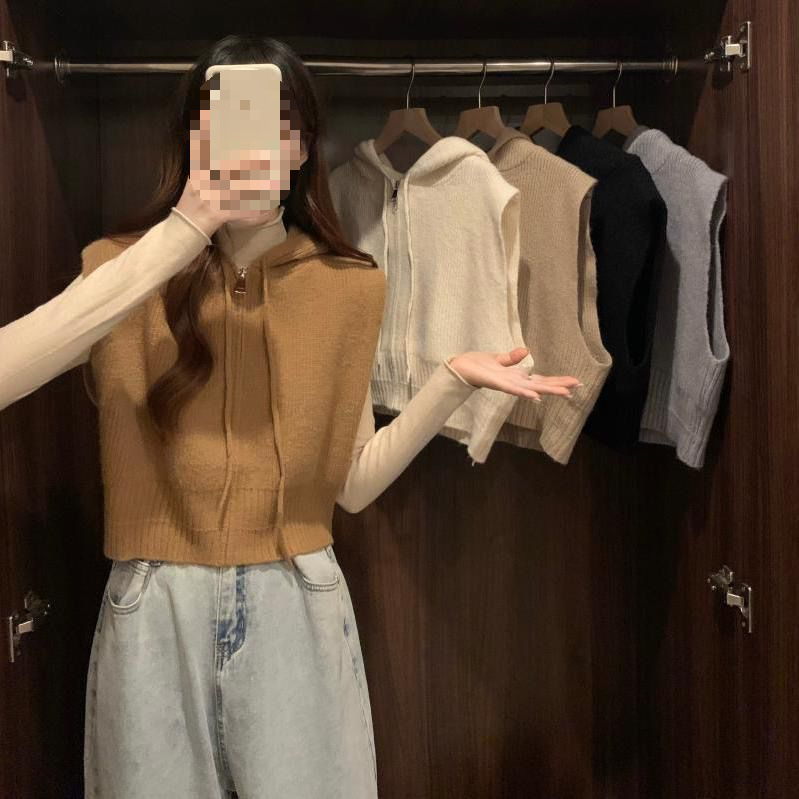 Versatile Lazy Style Hooded Sweater Vest Fashion Design Niche Autumn Sweater Sleeveless Top for Women