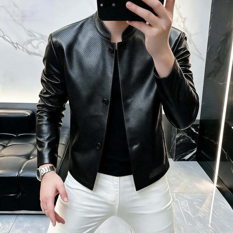 High-end light luxury men's perforated leather jacket, simple stand-up collar, slim fit, versatile and stylish men's coat