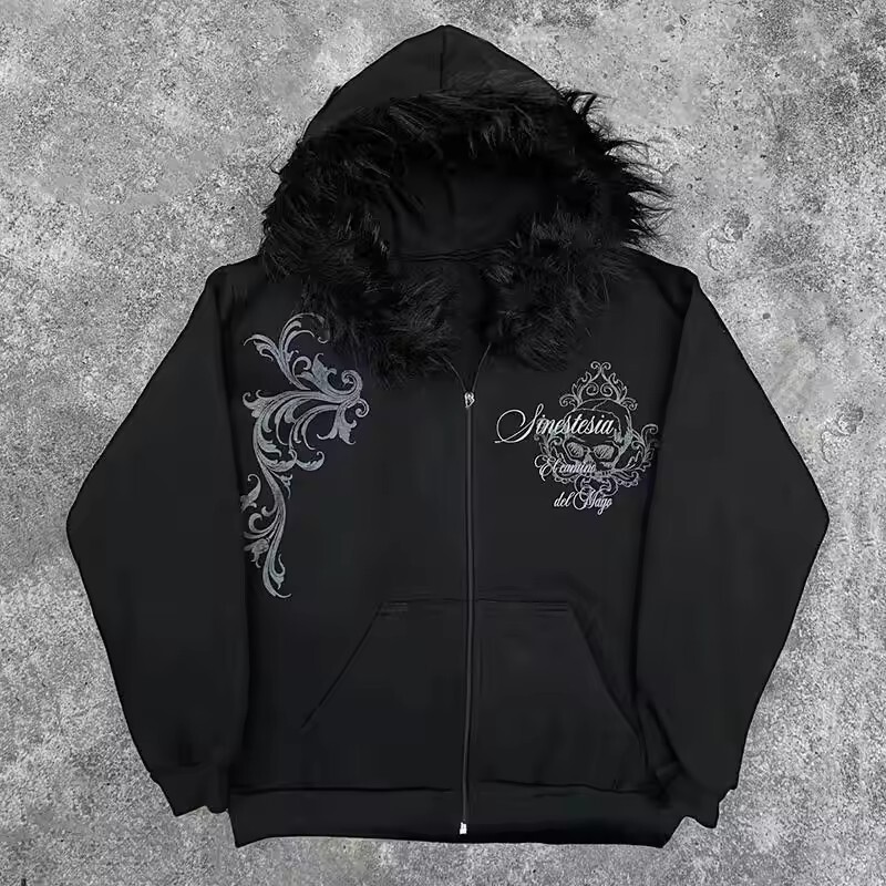 Cross-Border Fashion Autumn and Winter European and American Style Skull Print Punk Niche Plush Brim Hooded Cardigan Jacket Sweatshirt