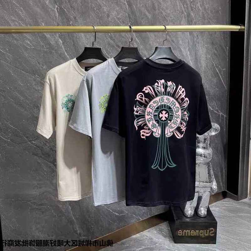 Correct Version of Chrome Hearts23Ss Colorful Horseshoe Buckle Cross Short-Sleeved Men's Pure Cotton Large Size T-Shirt