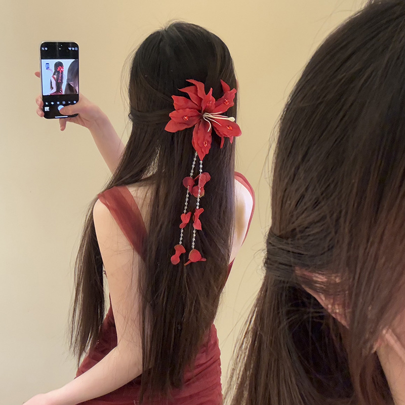 Simulación de tela Bianhua borla horquilla primavera y verano nuevo estilo de vacaciones junto al mar pinza de pico de pato sentido de alta calidad accesorios para el cabello todo-fósforo