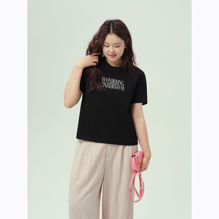 Plus Size Women's Urban Loose English Letter Printed Short-Sleeved Tops Summer Basic Versatile Round Neck Right Shoulder T-Shirt