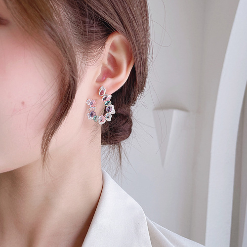 Korean new earrings candy color C-shaped earrings for women simple and sweet temperament S925 silver needle colorful zirconium garland earrings