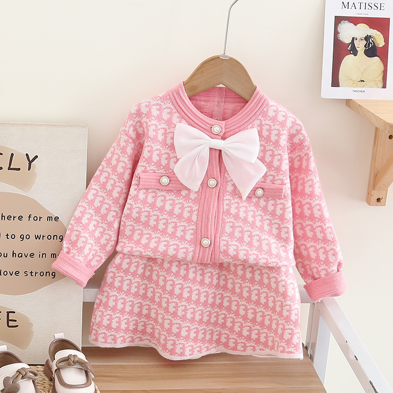 Children's Sweater Skirt Small Fragrant Wind Women's Autumn and Winter New Bow Two piece Set Long sleeved Cardigan_voghion.com
