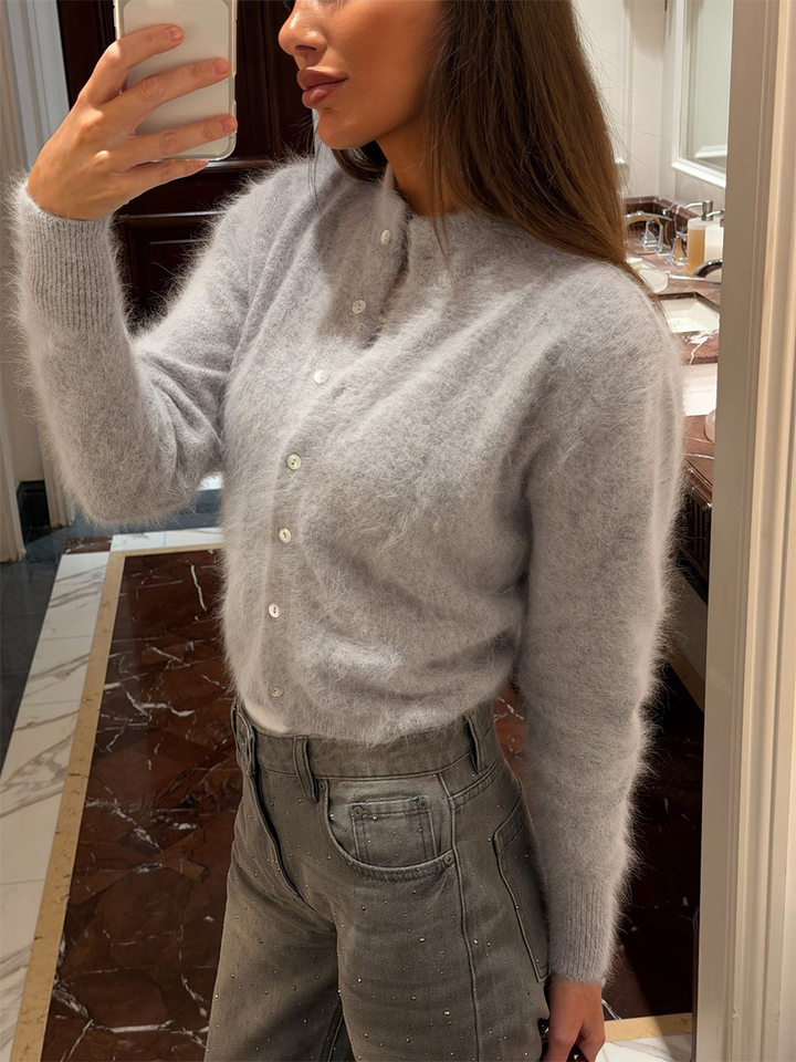 Áo khoác cardigan len nữ dáng ôm cổ tròn tay dài một hàng cúc chất liệu lông mềm mại — Màu hồng, Màu trắng, Màu xám nhạt, Xanh đậm