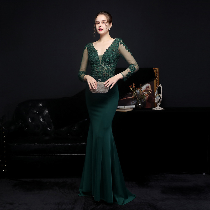 18659# Full Craft Lace Ironing European Diamond Toast Dress Bride's Long Long Sleeve Appreciation Banquet Fishtail Evening Dress