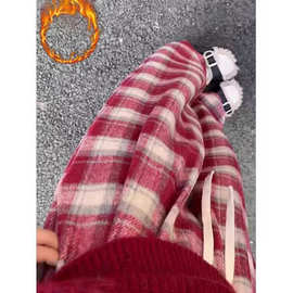 红色加绒加厚格子裤女2025秋季新款慵懒宽松高个子秋冬毛呢阔腿裤