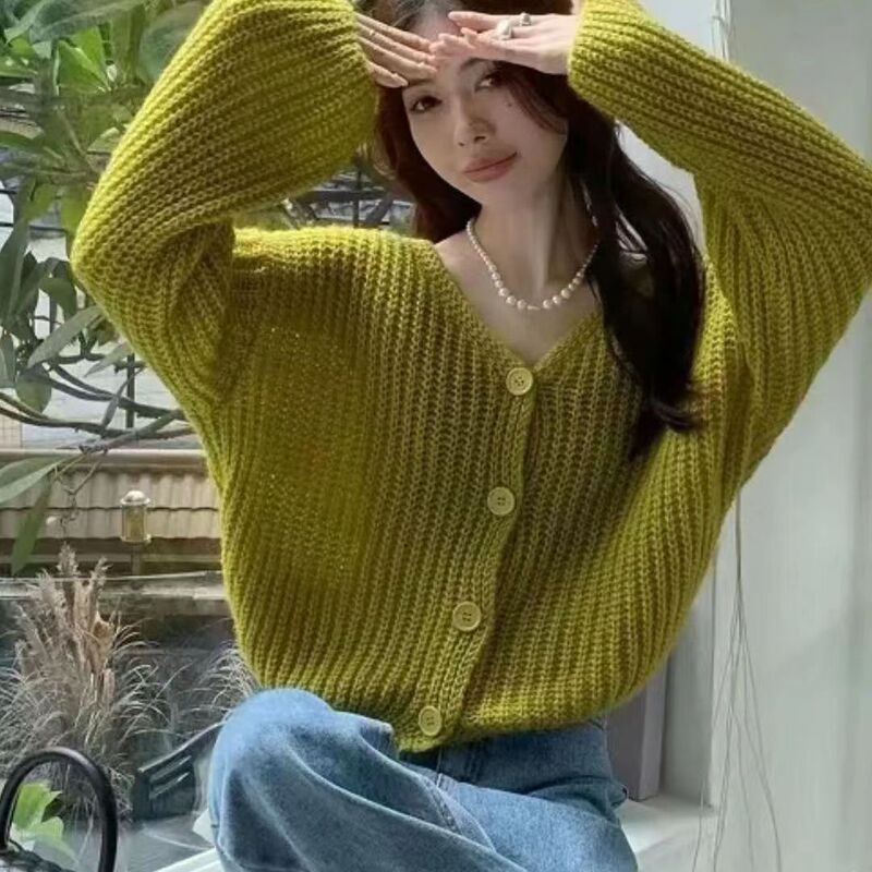2025 Spring and Autumn New Thick Wool Knitted Cardigan New Easiest for Match Loose Solid Color Western Style Warm Tops Top for Women