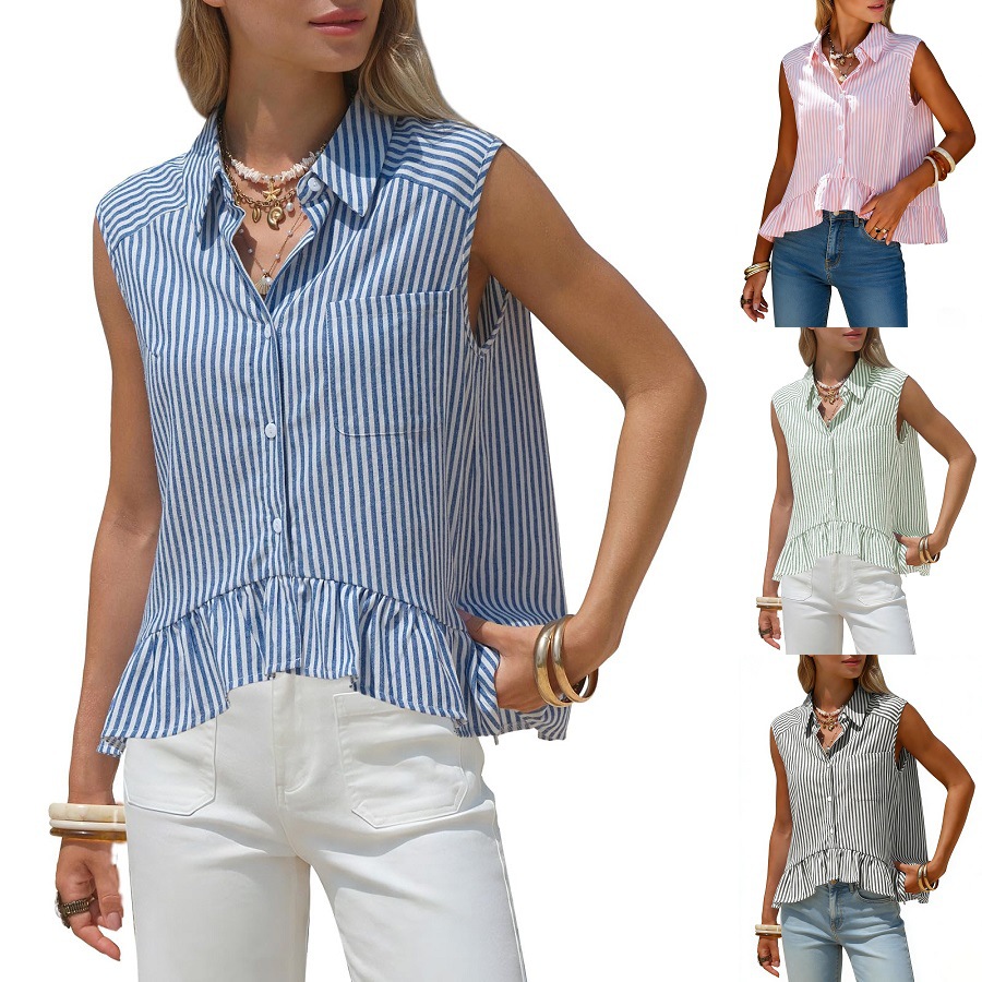 Women's Sleeveless Striped Shirt Casual Button-Up Top Summer Style American Clothing Polyester Blouse_ecoleips.com