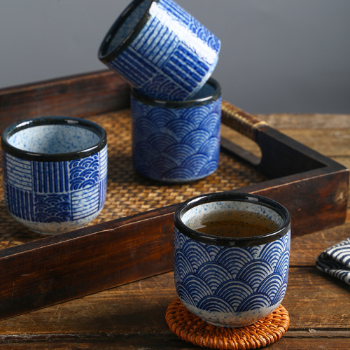 Cross-border Qinghai corrugated ceramic water cup Japanese tea cup export Japanese sushi restaurant casual cup wholesale