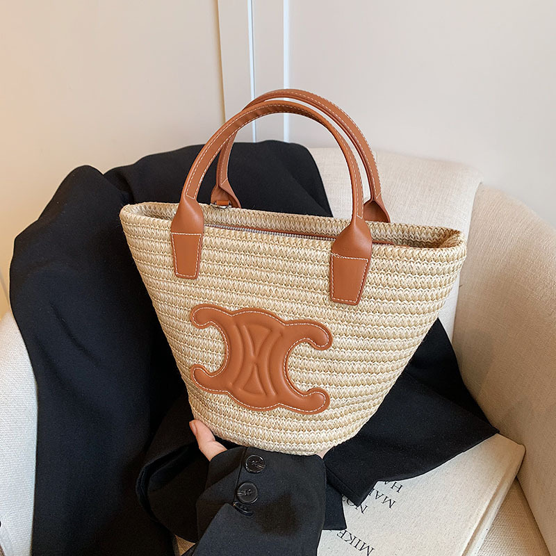 2024 여름 새로운 스타일 짠 야채 바구니 가방 여성 가방 개선문 밀짚 버킷 가방 손 어깨 크로스 바디 가방