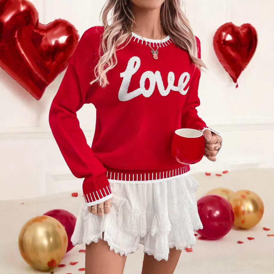 秋冬情人节新款欧美跨境亚马逊热卖针织衫外穿长袖圆领套头毛衣女