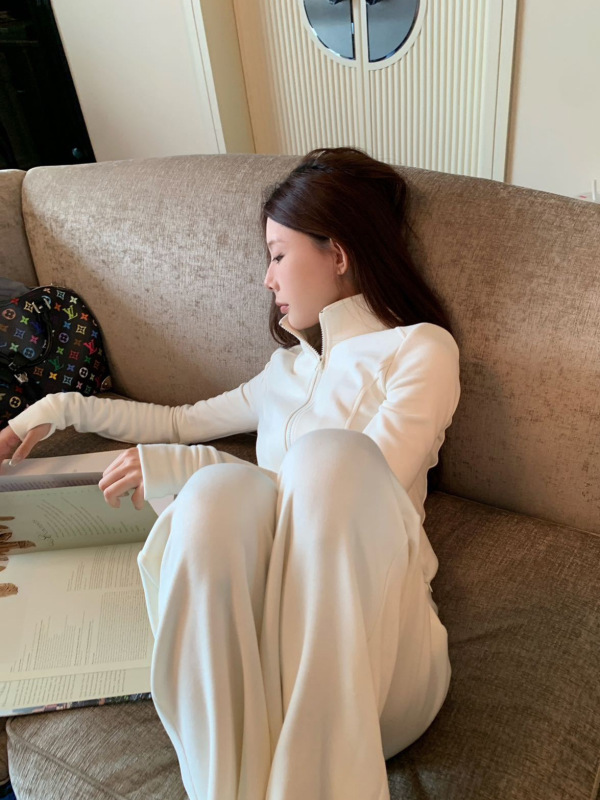 休闲运动套装立领修身卫衣外套上衣女秋季高腰拖地裤微喇裤两件套|undefined