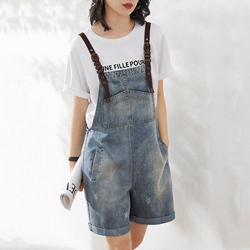 Summer Fashion Retro One-Piece Hot Pants with Adjustable Shoulder Straps, High-Waisted Loose-Fitting Denim Overalls for Women