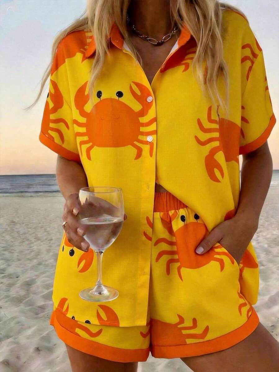 Sommerliches Set im Resort-Stil mit Print: Kurzarm-Hemd und Shorts_voghion.com