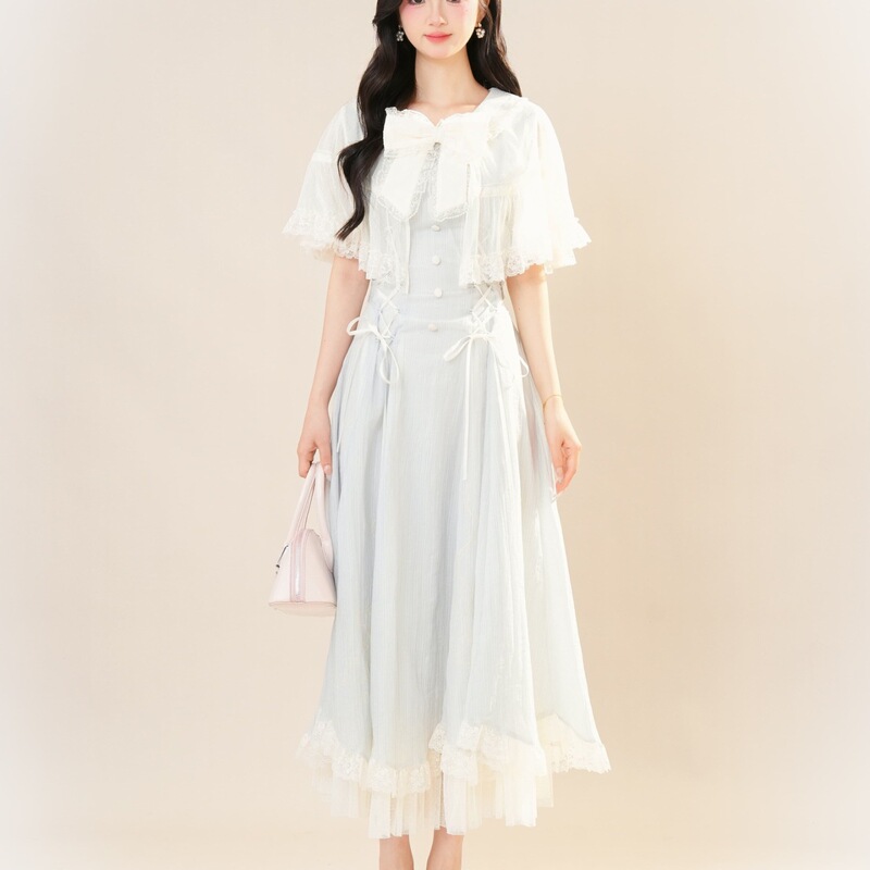 Light Blue Wind Chime Bow Dress 2025 Gentle Style Light Blue Cape Lolita Dress Slimming Long Dress for Women