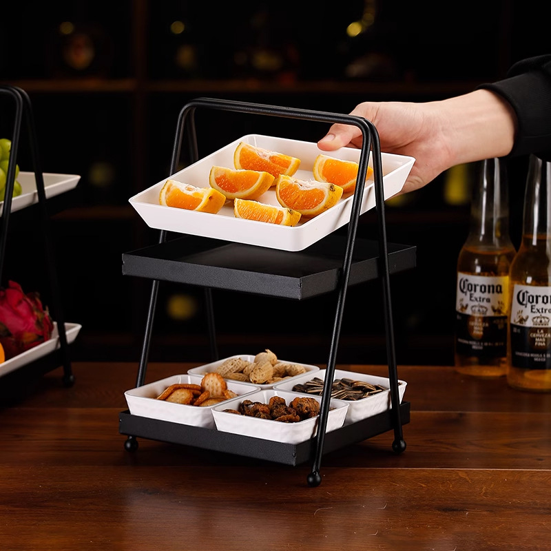 Soporte de bandeja de frutas de doble capa, bandeja de frutas secas de cuatro cuadrados, bar KTV, bocadillos creativos comerciales, bocadillos, escaleras multicapa