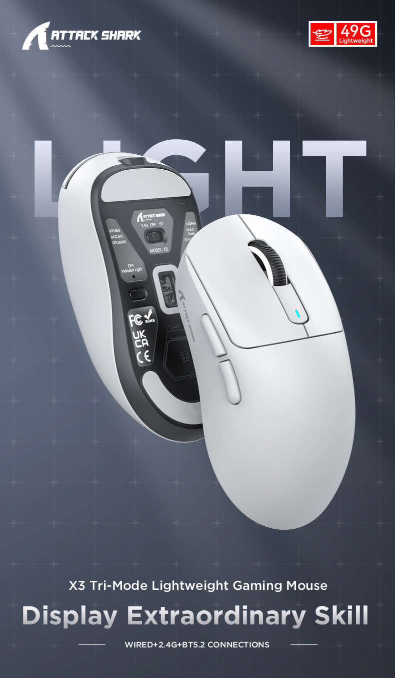 AttackShark X3 Mouse,Lightweight,PAW3395 Sensor,E-sports Game The Third Mock Examination Wireless Mouse,2.4G Wireless+Bluetooth 5.2+Type-C,26000DPI_voghion.com