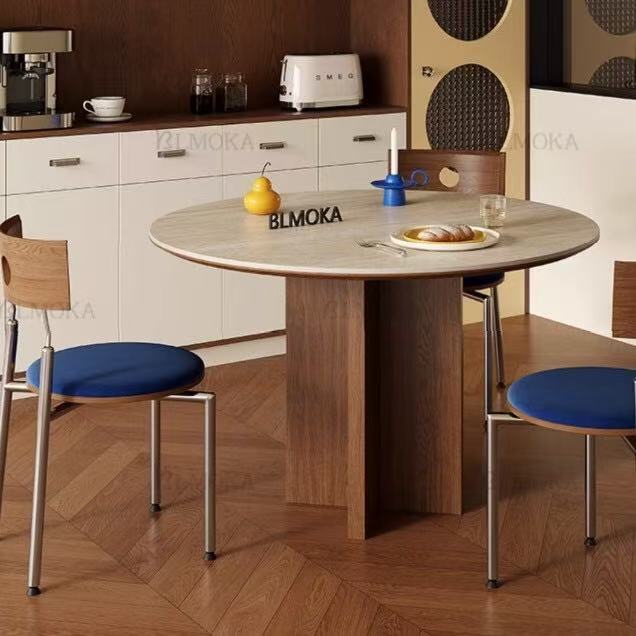 Tablero de roca de travertino de madera maciza de estilo antiguo, mesa redonda, paquete de tablero de roca de estilo retro, mesa de comedor de tablero de roca de apartamento pequeño simple de Sihao