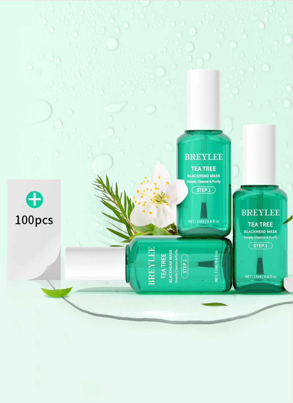 BRYELEE No. 1 Tea Tree Blackhead Nasal Patch Liquid 17ml with 100 Papers, No. 1 Water (Brand Version)