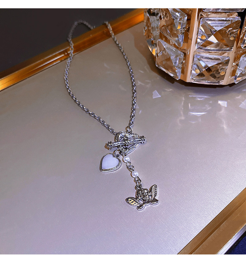 Fashion Titanium Steel Heart Angel Pearl Necklace Wholesale Nihaojewelry display picture 2