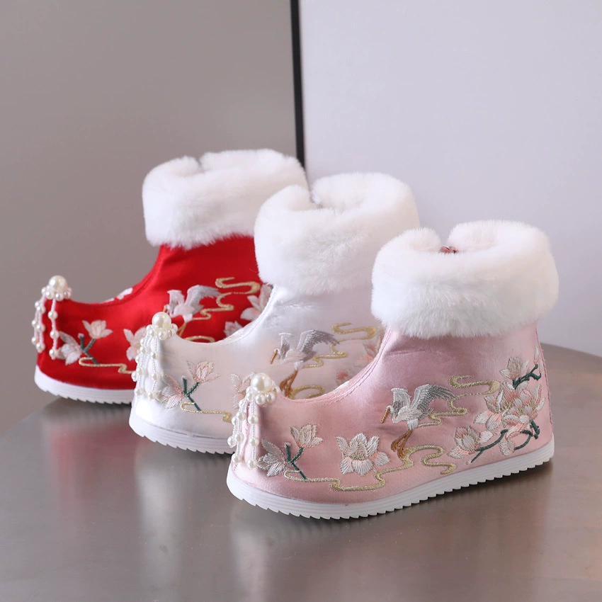 Ботинки Hanfu, зимние антикварные детские ботинки с вышивкой на флисовой подкладке для девочек, старинный костюм на голову, обувь из ткани Old Beijing, хлопчатобумажные детские ботинки