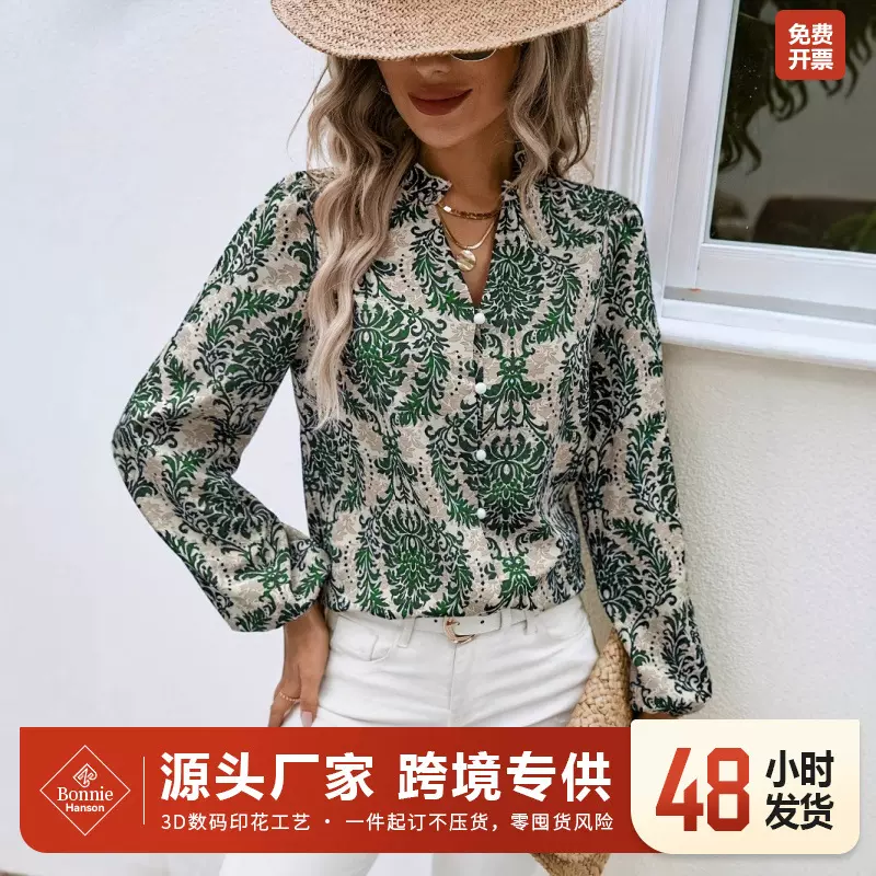 欧美跨境亚马逊印花衬衫女外贸度假休闲长袖上衣3D印花衬衫女
