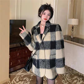 格子毛呢西装外套女2025冬季新款韩系宽松加厚小个子复古呢子大衣