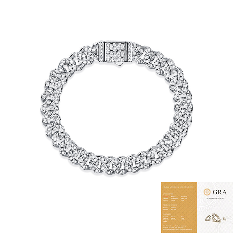 Nueva pulsera de plata S925 con moissanita, estilo hip-hop europeo y americano, cadena cubana, éxito de ventas transfronterizo, ideal para hombres y mujeres.