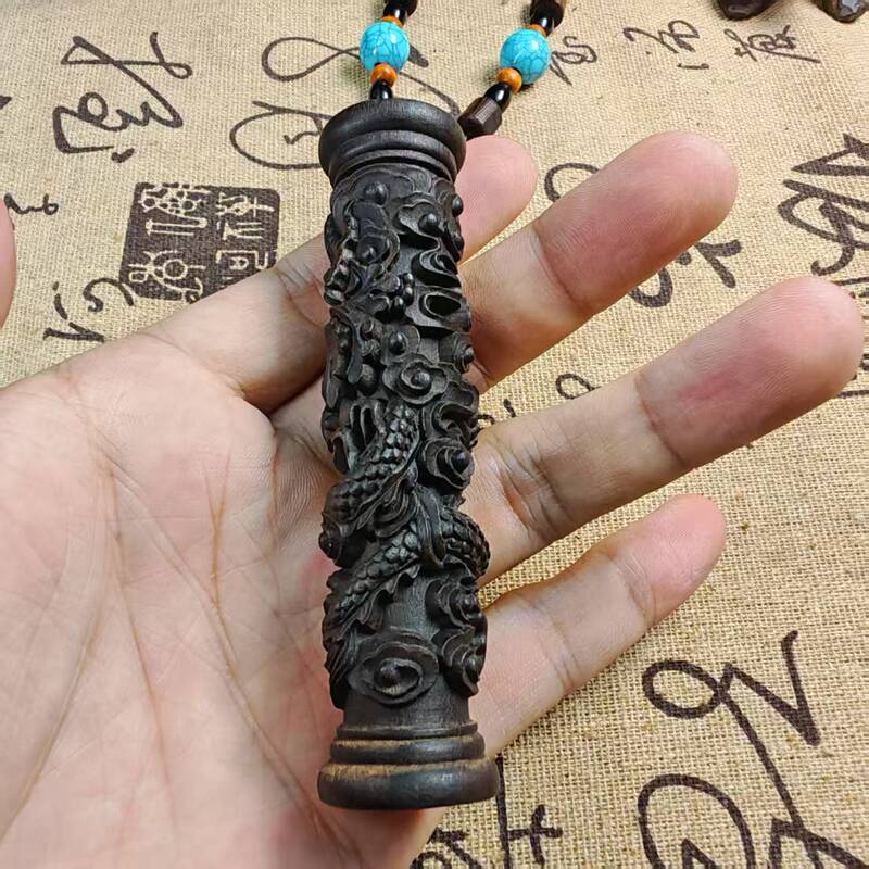 沉香木雕刻盘龙柱手把浮龙柱子创意文玩手把件车内挂件木质工艺品|undefined