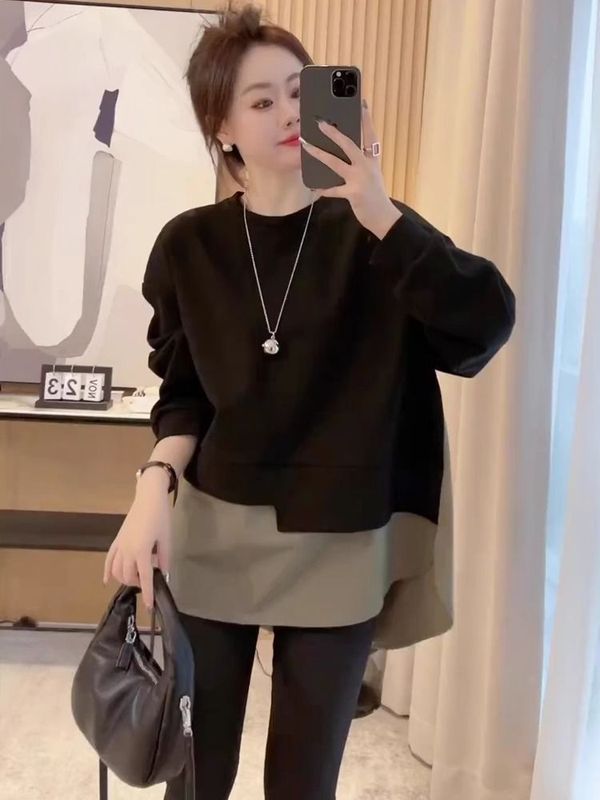 大码设计拼接假两件卫衣女秋季新款胖MM宽松显瘦中长款上衣300斤|undefined