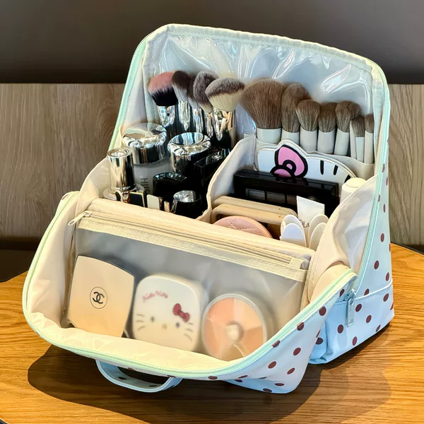 Polka Dot Stand-Up Handheld Makeup Bag for Women, Large Capacity, Hangable on Luggage, Portable Travel Cosmetic Storage Bag