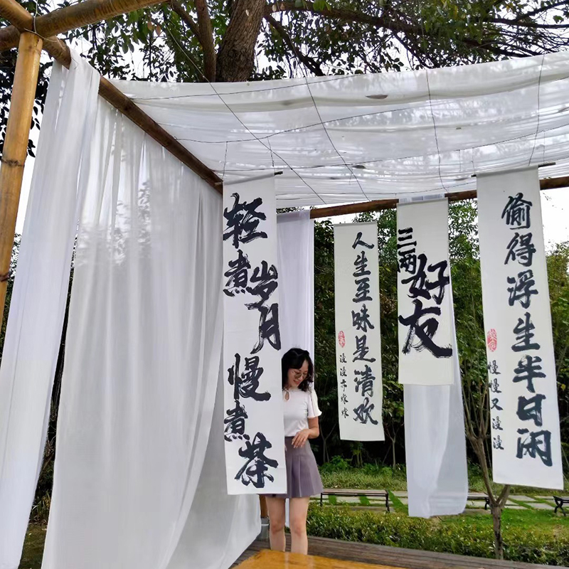 Cortina de estilo chino clásico, diseño de caligrafía y paisaje, ideal para interiores o fondos decorativos
