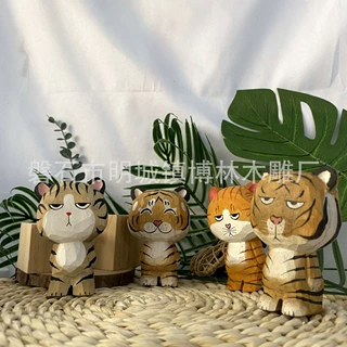 手工雕刻椴木卡通老虎小猫咪可爱摆件送朋友生日礼物桌面创意饰品