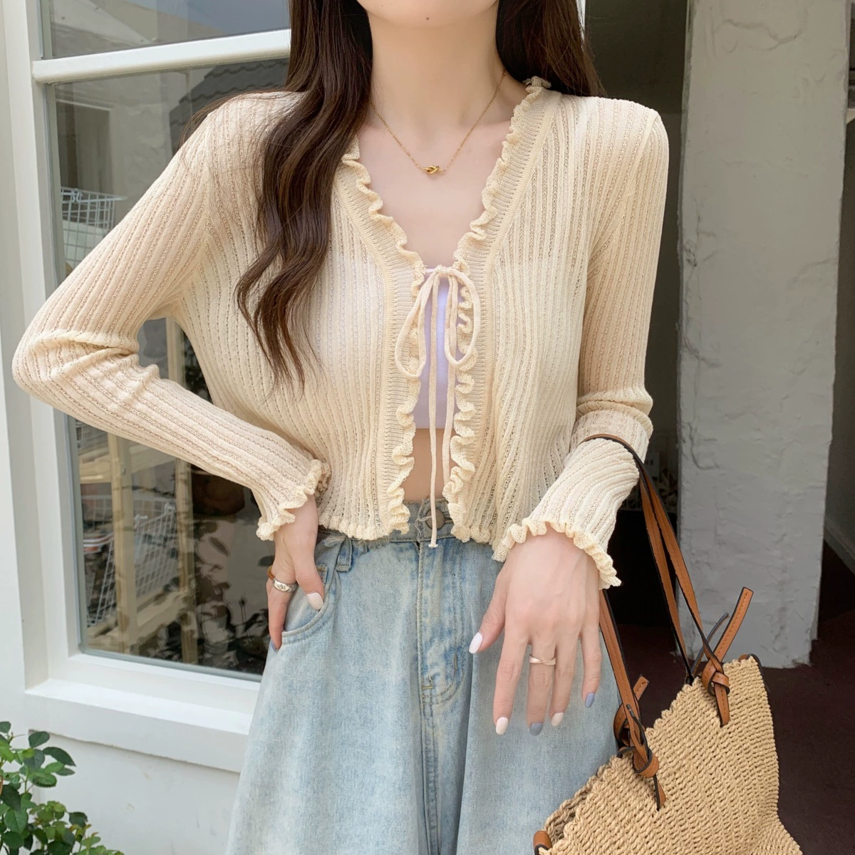 Пspring design knitted short cardigan, Korean style, trend of season, sun protection