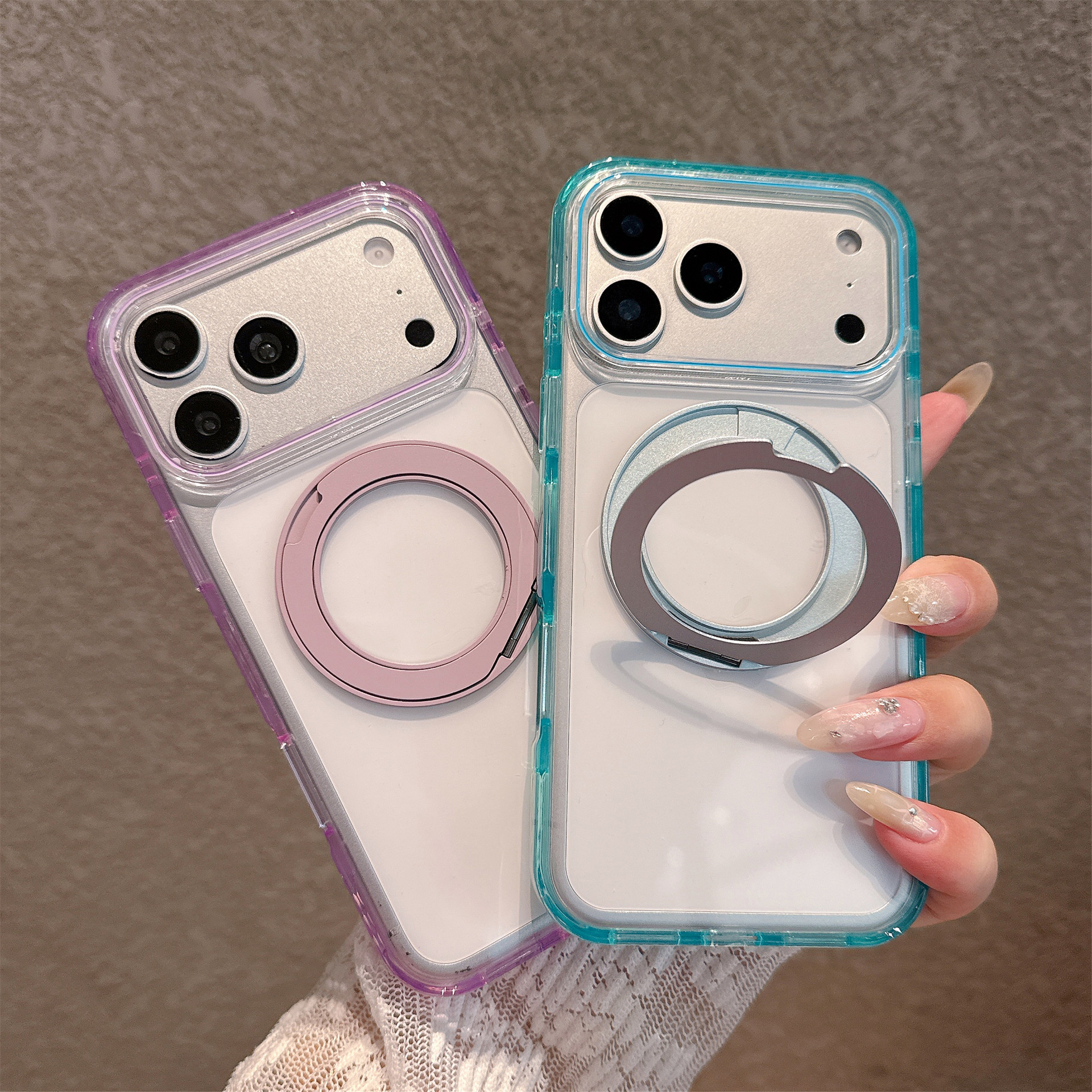 Suitable for Apple 18Promax Mobile Phone Case with Transparent Ice Crystal Magnetic Integrated Rotating Stand Iphone17 Anti-Fall Protection