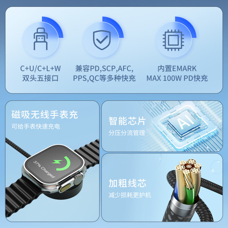 100W二拖三数据线适用苹果iWatch手表磁吸无线充五合一快充线5A|undefined