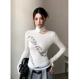 美式镂空长袖t恤女早春辣妹挂脖上衣半高领加绒打底衫内搭高级感