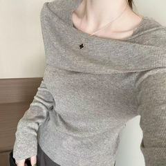 时尚不规则设计感一字肩针织衫女秋季长袖内搭毛衣韩系慵懒打底衫