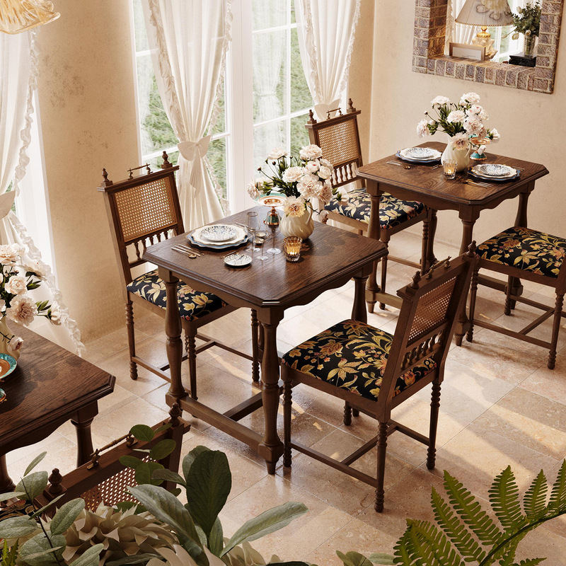 Used Western restaurant dining table and chair set, commercial use for bakeries and coffee shops, solid wood vintage-style restaurant furniture Used Western restaurant dining table and chair set, commercial use for bakeries and coffee shops, solid wood vintage-style restaurant furniture