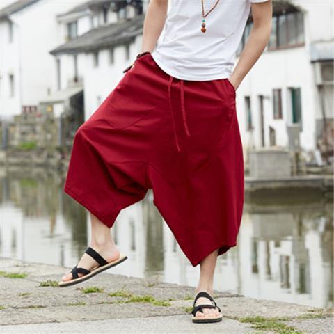 Pantalones anchos para hombres, pantalones cortos de lino de estilo chino étnico Songxia, pantalones de entrepierna grande de Nepal, pantalones de ardilla voladora de hip-hop personalizados