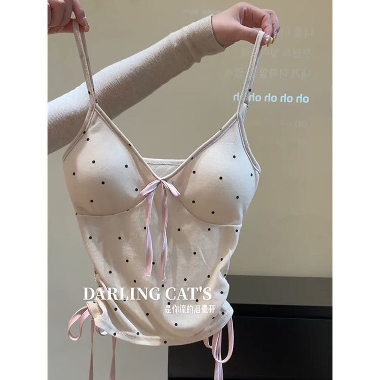 Pure Spice Girl Polo Dot Bow Tube Top Summer Slim Vest with Chest Pad Push-up All-match Top Women's Top