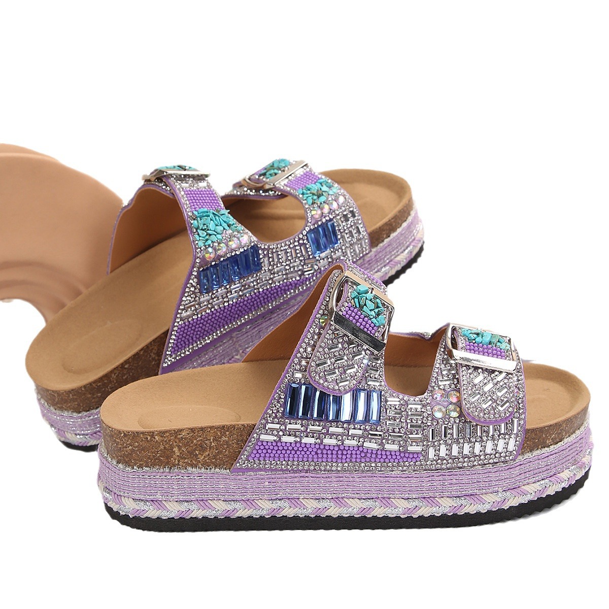 Women's Plus Size Rope Double Buckle Cork Beach Slippers Thick Soled Rhinestone INS International Station New Style Shoes_voghion.com