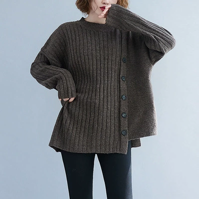 Knitted winter sweater, Korean style, round neck, plus‑size loose fit, rib knit with side buttons