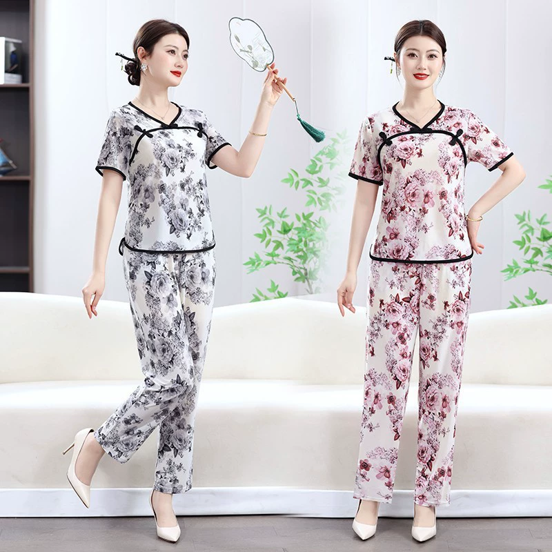 Модная рубашка в мамином стиле, модный улучшенный топ Cheongsam, летний женский костюм-футболка со средним рукавом для женщин среднего и пожилого возраста.