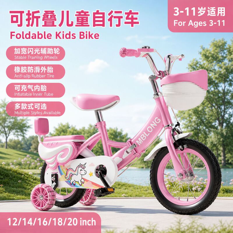 Wholesale Folding Children's Bicycle Unicorn Girls' Bike 3-9 Years Old Baby Bicycle with Training Wheels Custom-Made Wholesale Folding Children's Bicycle Unicorn Girls' Bike 3-9 Years Old Baby Bicycle with Training Wheels Custom-Made