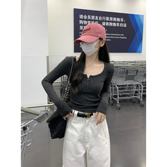方领t恤打底衫女2025春季美式辣妹加绒磨毛内搭修身正肩长袖上衣
