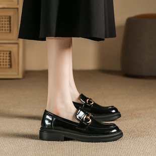 British Style Retro Flats, Commuter Women's Shoes, Spring & Fall Metal Buckle Black Thick-Soled Loafers, Women's Small Leather Shoes, Flats Shoes